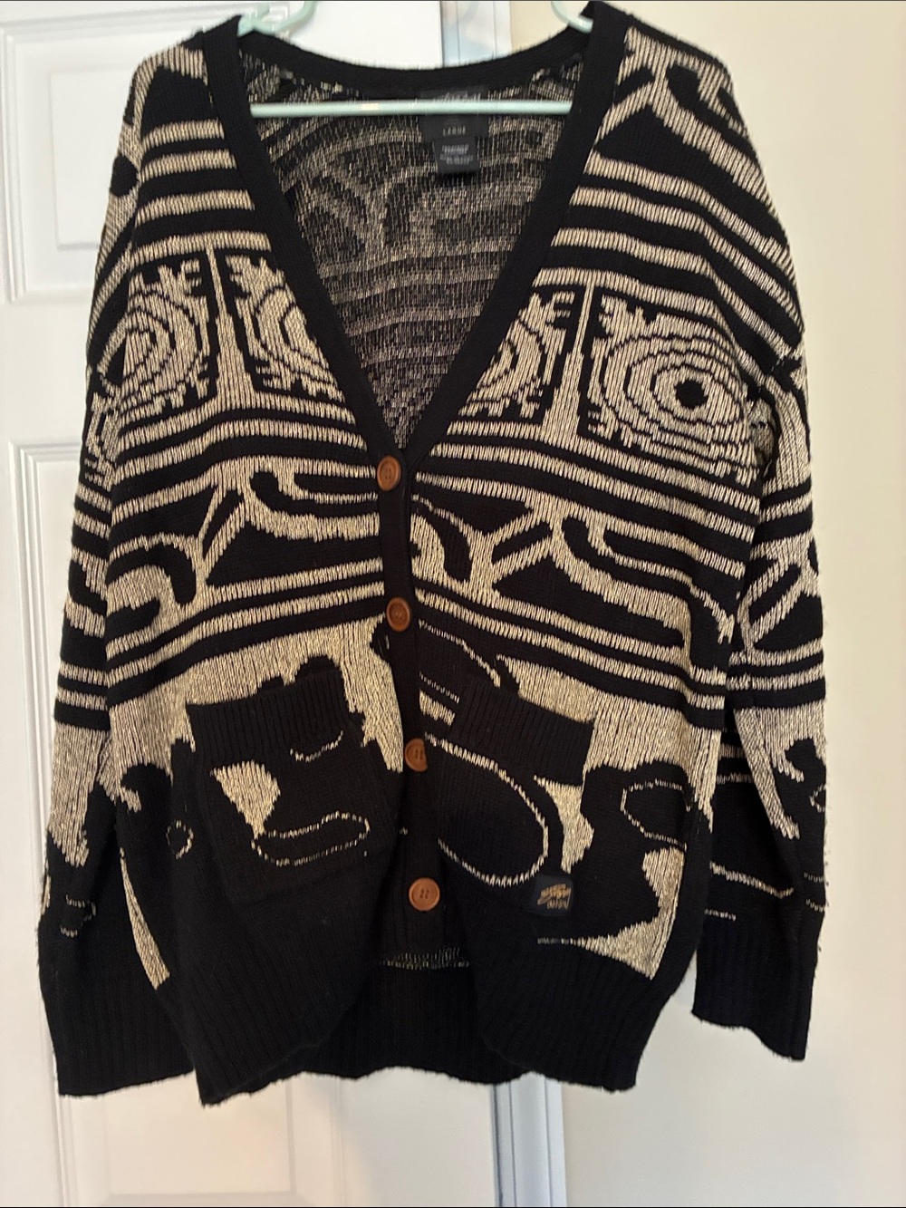 Stussy Black and Cream Graphic Knit Cardigan